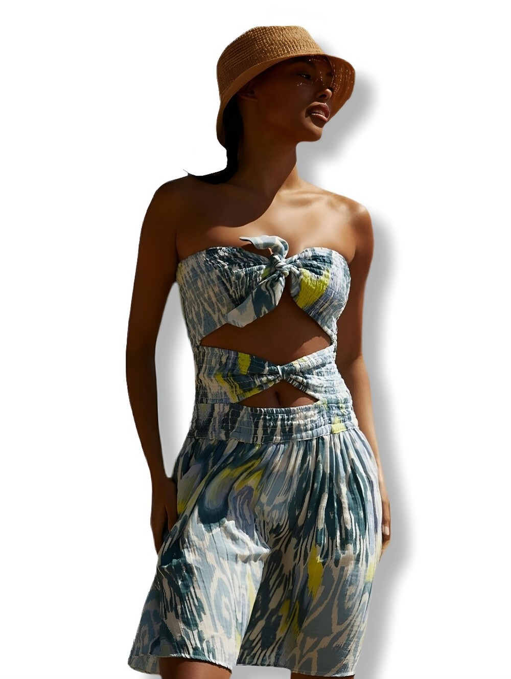 Anthropologie Reversible Smocked Strapless Mini Dress Blue Ikat Print Size XSP